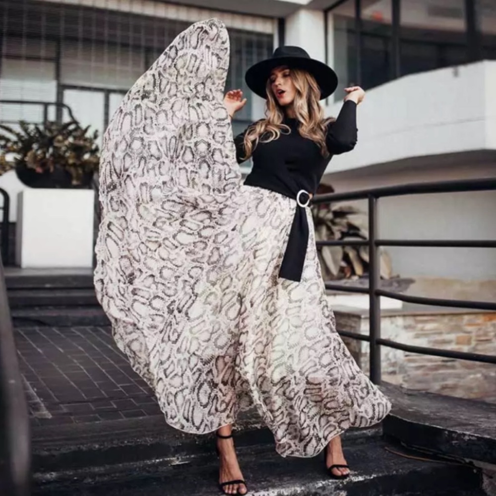 Snakeskin Animal Print Chiffon Sheer Maxi Skirt - Picture 3 of 10
